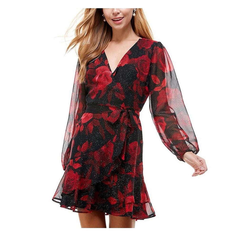 NWT Macy’s City Studios Womens Juniors’ Printed Fit & Flare Dress, Red 15/16